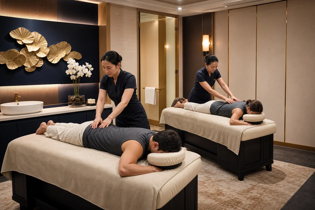 Two guests in massage clothing receiving a private couple massage
