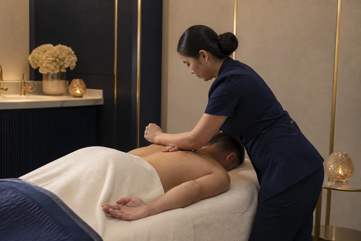 Therapist applying focused deep tissue pressure to a guest's upper back