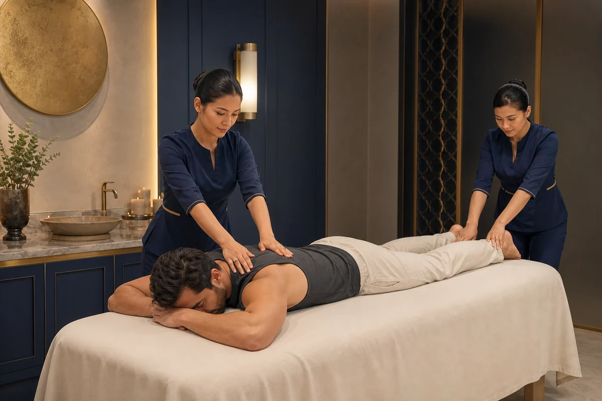Two therapists performing a coordinated four hands massage for a guest in massage clothing