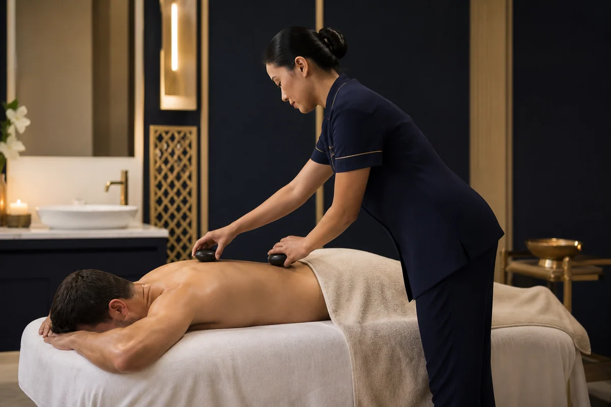 Therapist placing hot stones on a guest's upper back in Ras Al Khaimah