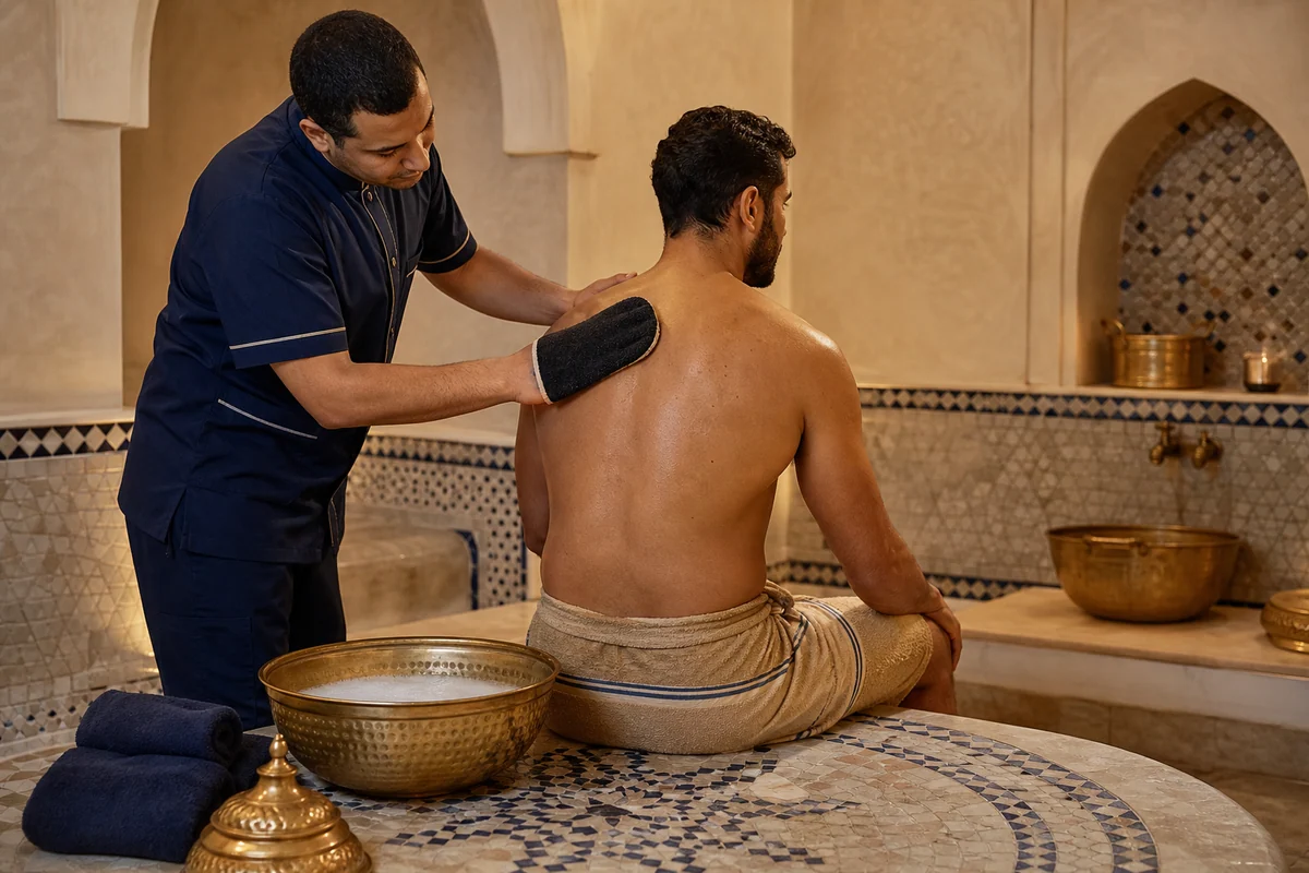 Guest receiving traditional upper-back exfoliation in a Moroccan Bath