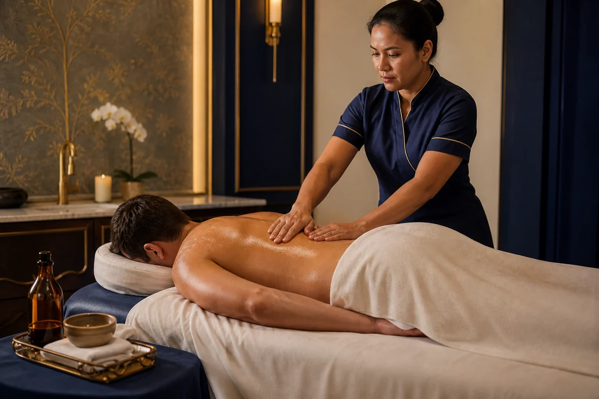 Guest receiving a warm oil massage across the upper back