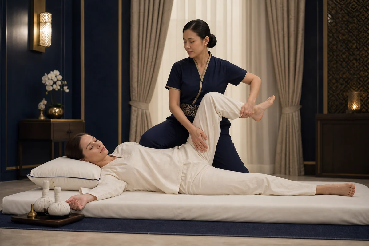 Therapist guiding a fully clothed guest through a Thai massage stretch